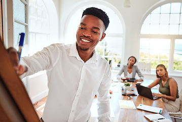 Image showing Black man, writing on whiteboard and corporate presentation marketing strategy for startup business growth with confidence. Presenting speaker, planning advertising and vision with leadership skills