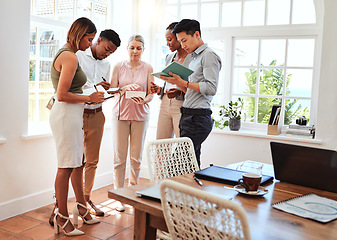 Image showing Business coach, startup team workshop and mature business woman coaching men and women in modern office. Diversity, teamwork and writing note on strategy and planning advice from mentor or consultant