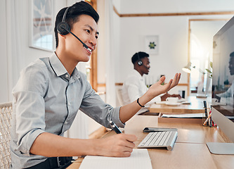 Image showing Consulting, call center and help with businessman at computer talking on phone call for customer support, telemarketing and sales. Communication, contact and inbound marketing with employee at desk