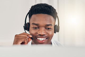 Image showing Black man, customer support with a smile and working at call center or telemarketing communication company. Professional digital consultant job, help people with faq and respond to contact us message