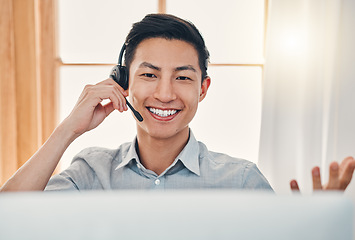 Image showing Call center, customer service and worker with computer talking, helping and answer office with crm system. Happy man, happy and friendly telemarketing operator, secretary or contact us client support