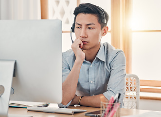 Image showing Consulting, thinking and call center with businessman at computer working on idea, telemarketing and customer support. Crm, inbound marketing and sales with employee at desk for email, help and kpi