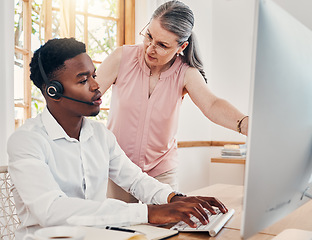 Image showing Call center manager coaching sales consultant, telemarketing employee and crm customer service worker with computer software in office agency. Business woman mentor help training man pc tech solution