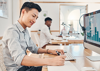 Image showing Asian businessman, computer data and writing in office working on marketing or social media advertising growth. Statistics, graphs and employee from Japan, planning or notebook strategy for project.