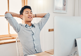 Image showing Relax, calm and peace at work of a business man from China taking a break in a office. Businessman and asian IT tech employee feeling proud and happy after a corporate job project at a company