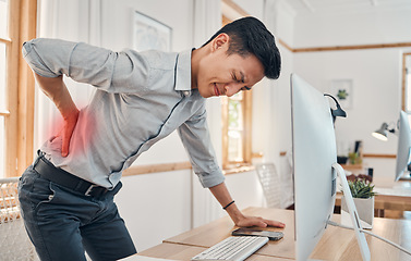 Image showing Businessman with back pain, muscle injury and burnout at office desk. Young frustrated man suffering from spinal inflammation, body discomfort or strain and healthcare stress emergency