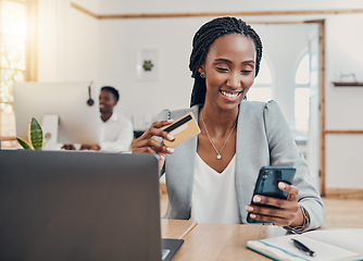 Image showing Credit card, smartphone and business black woman with fintech for online easy payment, loan application or digital banking. Ecommerce, online shopping website and corporate worker check credit score