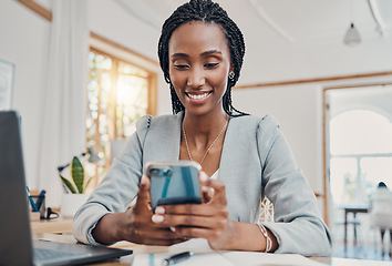 Image showing Black business woman on smartphone, reading social media online and working in restaurant cafe with wifi. Intern studying with laptop in coffee shop, learning mobile communication and career success