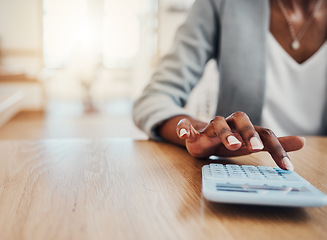 Image showing Calculator, bank and hand of finance black woman calculate loan balance, insurance tax or financial business profit. Accounting, administration and accountant doing company bookkeeping or calculation