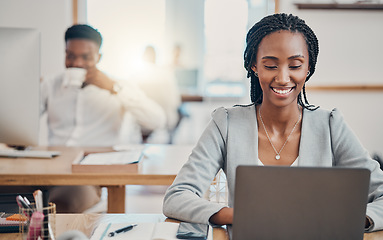 Image showing Email, corporate and black woman typing a proposal on the internet on a laptop in an office at work. African employee working on the web and planning a strategy for marketing company on a computer