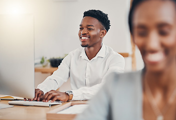 Image showing Happy employee, working on computer at desk online and writing business email on keyboard. Team communication, staff productivity at office and workplace are important for marketing business success