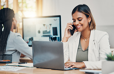 Image showing Phone, laptop and communication with a woman graphic designer talking on a call in her office. Computer, creative and design with a female employee working on a project or website at her desk