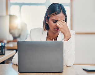Image showing Stress, laptop and headache with a woman tax compliance officer struggling with burnout while working on a report or audit. Mental health, regulations and risk with a female employee making a mistake