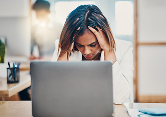 Image showing Headache, stress and business woman with burnout from work problem on a laptop in an office. Sad, tired and Indian corporate worker with anxiety while working on internet on a computer at her desk