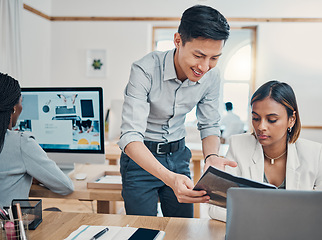 Image showing Partnership, discussion and business people with document data while talking with collaboration on a project in a startup office. Consulting, advice and teamwork with opinion of a happy manager