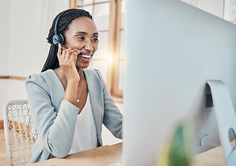 Image showing Call center, contact us and black woman in insurance telemarketing helping, consulting and in communication. Smile, conversation and sales agent working in a customer support business office speaking