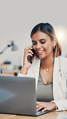 Image showing Business woman, phone call and laptop with happy CRM worker doing online communication for contact us or company website. Corporate office professional female networking with internet and technology