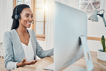 Image showing Telemarketing, computer video call and black woman consulting, give sales pitch or doing work from home. Happy, headset and remote call center consultant in communication for online help desk support