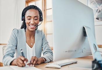 Image showing Call center manager, crm or customer service worker consulting, contact us and telemarketing with client in office. Happy working, support consultant or employee writing and planning with headset