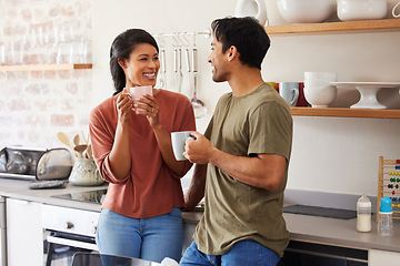 Image showing Coffee break, kitchen and young couple with conversation for breakfast together with love and happiness. Happy interracial people, man and woman or parents talking of real estate apartment and future