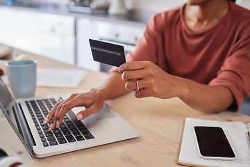 Image showing Credit card woman, online shopping and ecommerce laptop payment, online budget and internet finance at home. Hands trading bills, investment and banking money transfer on fintech computer technology