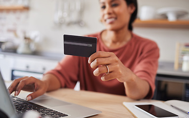 Image showing Woman online shopping, credit card digital payment with ecommerce finance and electronic money on laptop. Home internet technology, fintech banking economy and typing password to check credit score