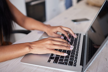 Image showing Laptop, woman and hands typing in home office, writing email or online research. Planning, freelancer and female on computer working, internet banking or news, social media or web surfing on tech.