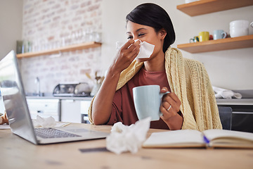 Image showing Sick, tea and business woman with covid while reading an email on a laptop and working from house. Remote entrepreneur blowing nose with flu and drink of coffee while planning work on web in her home