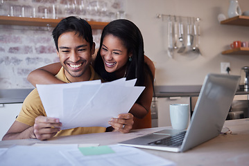 Image showing Home finance, budget and documents of couple with fintech, digital bank or entrepreneurship profit invoice. Happy people reading mortgage paperwork, tax management or financial house savings planning