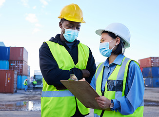 Image showing Logistics, shipping and team with mask for covid safety with a checklist for cargo inventory on a port. Export of delivery or supply chain management of international and global stock distribution