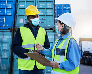 Image showing Container management team, covid checklist safety and security cargo or inspection manager. Inventory supply chain collaboration strategy communication, training and management planning or teamwork