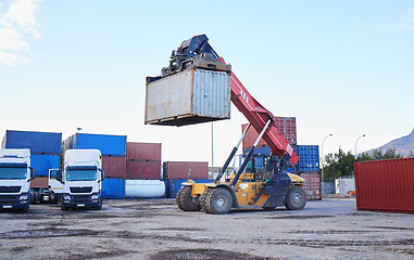 Image showing Logistics industry, forklift shipping container for distribution truck and supply chain export in Canada. International transportation for ecommerce, industrial global trade and cargo freight service