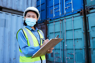 Image showing Container, covid 19 and engineer woman checklist planning cargo distribution, shipping and manufacturing logistics. Supply chain Asian manager or contractor face mask for safety and virus protection