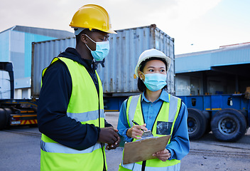 Image showing Covid, logistics and checklist employees and mask at shipyard, clipboard and discuss cargo transportation. Employees, black male and asian female talk shipping supply chain storage, import and export