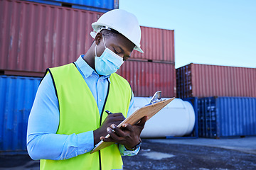 Image showing Black man working in covid with face mask, shipping container in supply chain industry and logistics stock inventory. Healthcare safety in export company, essential worker in port and medical virus