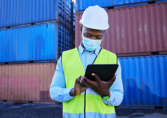 Image showing Tablet, logistics and worker with mask for covid safety working with digital checklist for international and global shipping. Cargo, container and supply chain delivery manager check schedule online