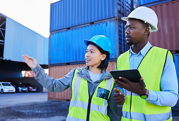 Image showing Logistics, tablet and team for industry shipping of workers checking warehouse in container yard. Business people or contractors in teamwork working with technology and containers for shipment