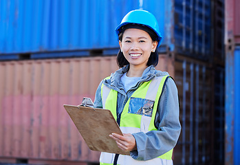 Image showing Logistics, cargo and a woman with inventory checklist on clipboard. Container yard, supply chain and happy shipping port employee from Japan. Smile, manager or inspector global freight company depot.