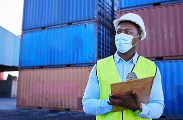 Image showing Logistics, shipping and businessman in covid with clipboard in cargo container yard. Construction worker with mask doing stock inspection for transportation, delivery and import and export industry