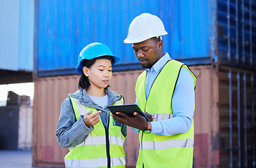 Image showing People in shipping logistics, working on tablet with supply chain stock inventory and international freight trade. Digital innovation of export cargo industry, distribution workers and iot technology