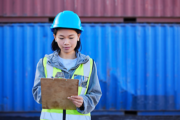 Image showing Woman in shipping, logistics and transport with checklist for freight inventory management or stock inspection. Storage container, cargo and commercial courier delivery for supply chain distribution