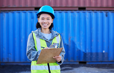 Image showing Logistics, inspection and portrait of an industrial woman working at an outdoor warehouse with containers. Shipping yard, clipboard and industry manager checking inventory at a delivery cargo freight