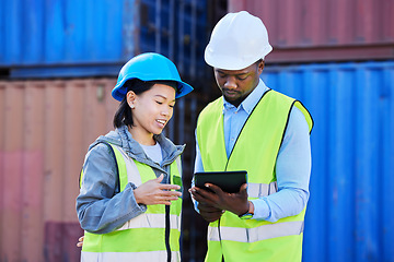 Image showing Logistics, tablet and employees planning delivery of shipping container on technology while working together at a port. Outdoor warehouse workers working on inventory of cargo at a storage plant