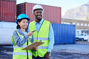 Image showing Logistics, planning and employees talking about cargo delivery while working together at a port. Industrial team speaking about shipping of stock and inspection of container at an outdoor warehouse