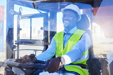 Image showing Truck, logistics and transport with a black man or shipping worker driving a vehicle on a commercial container dock. Freight, cargo and stock with an male courier driver at work in the export trade