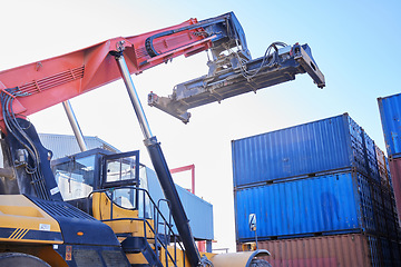 Image showing Crane, box container and delivery cargo shipping business company in manufacturing, shipping and distribution of stock. Industrial freight machine transport truck export supply chain courier package