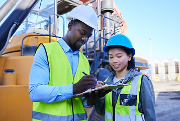 Image showing Logistics checklist, transportation and engineer people inspection of truck for supply chain management, cargo or export teamwork. Diversity, contract construction worker industrial site job planning