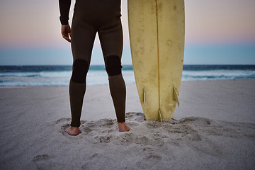 Image showing Feet of man on beach sand, surfer in nature look at waves in Hawaii and healthy sport exercise on holiday. Person holding surfboard on sea shore, calm ocean water in sunset and summer travel vacation