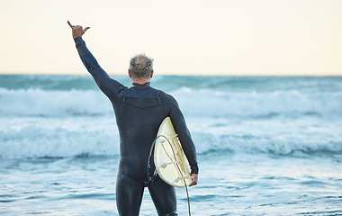 Image showing Beach, freedom and man surfing on holiday by the sea in Australia for travel and adventure during summer. Back of surfer with shaka hand sign for free vacation by the ocean and water in nature