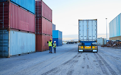 Image showing Delivery, leadership and logistics manager with worker speaking on shipping cargo, stock or inventory outdoors, Industry employee talking to foreman on truck transportation services in Dallas, USA